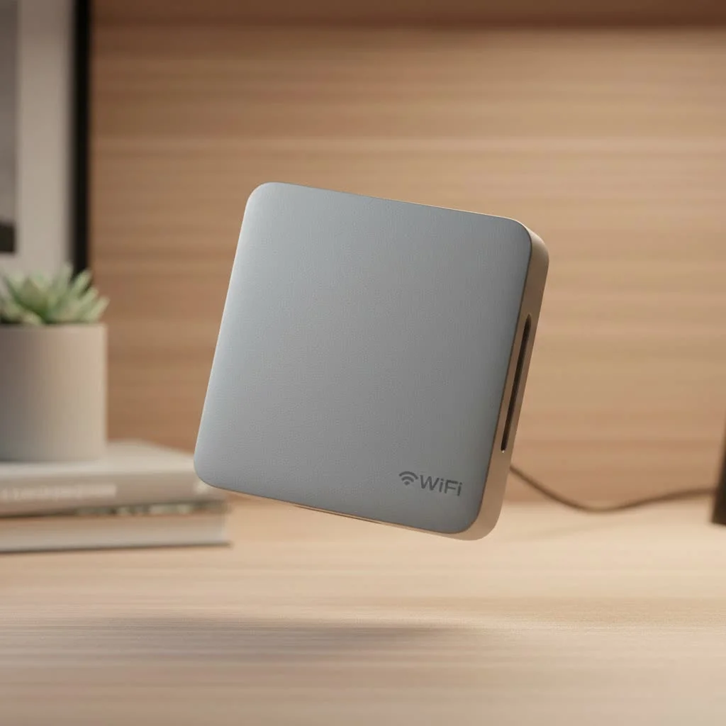 WiFi range extender device plugged into a wall outlet